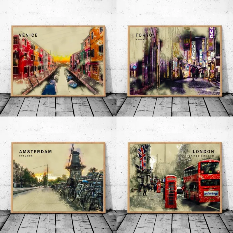 

Abstract Landscape Moscow London Amsterdam Tokyo Japan City Retro Poster and Print Canvas Wall Art Pictures for Living Room