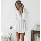 Богемное мини-платье, женское сексуальное платье с V-образным вырезом, женское Повседневное платье с длинным рукавом, женские летние белые платья 2021