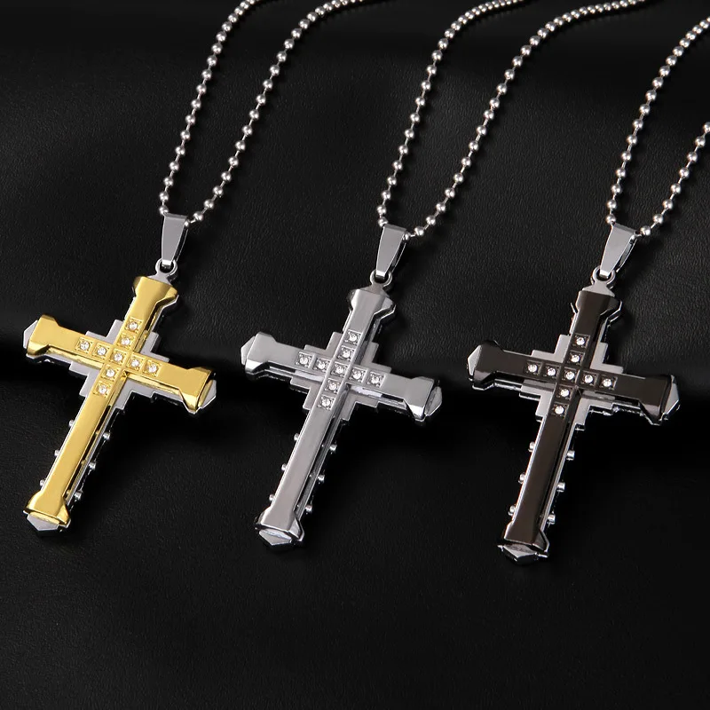 

Men's Crystal Cross Pendant Silver Gold Black Stainless Steel Women's Cross Pendant Necklace Jewelry Gift Wholesale