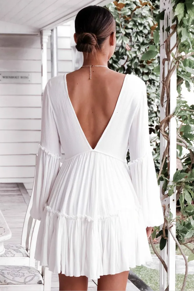 

Uguest Vintage Women White Dress Deep V-neck Long Sleeve Pleated A-line Patchwork Summer Holiday Sexy Party Loose Dresses