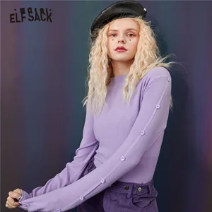 Женский Повседневный пуловер ELFSACK, однотонный вязаный свитер с рукавами на пуговицах, осень 2020, повседневные тонкие Топы ELF в Корейском стиле