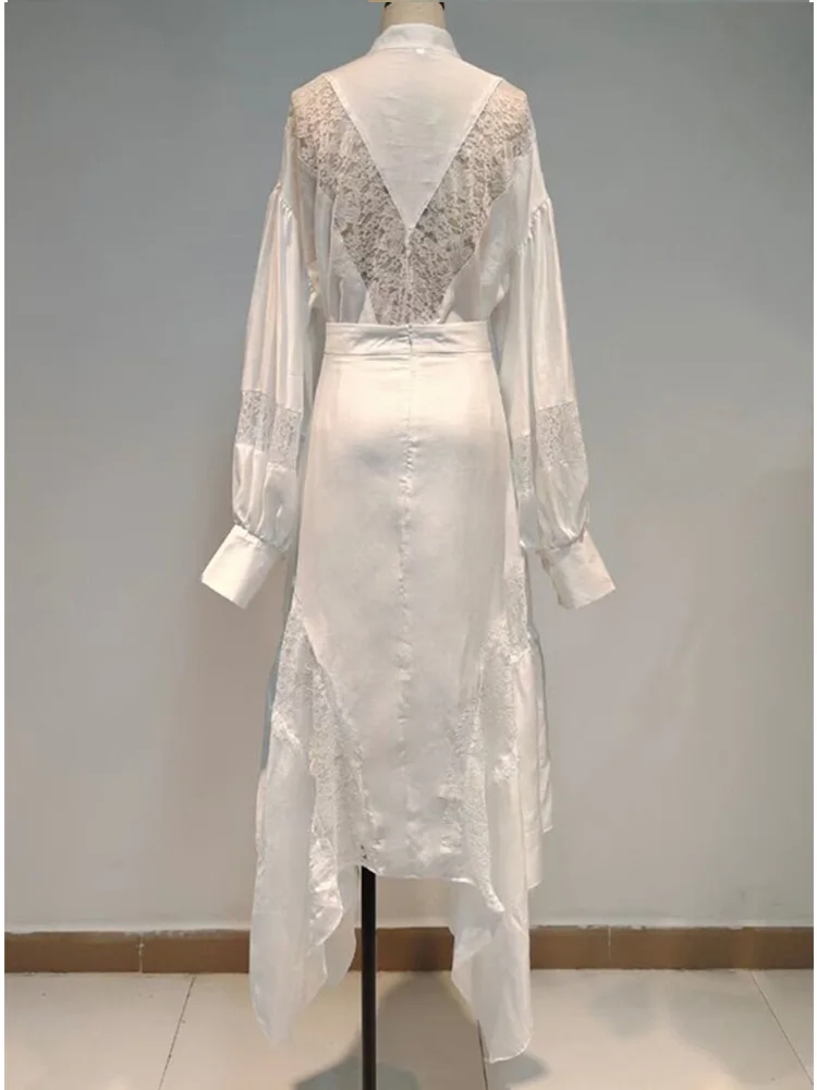 

Heavy craftsmanship stitching lace loose shirt two-piece suit ladies spring new style + high waist irregular skirt fashion suit