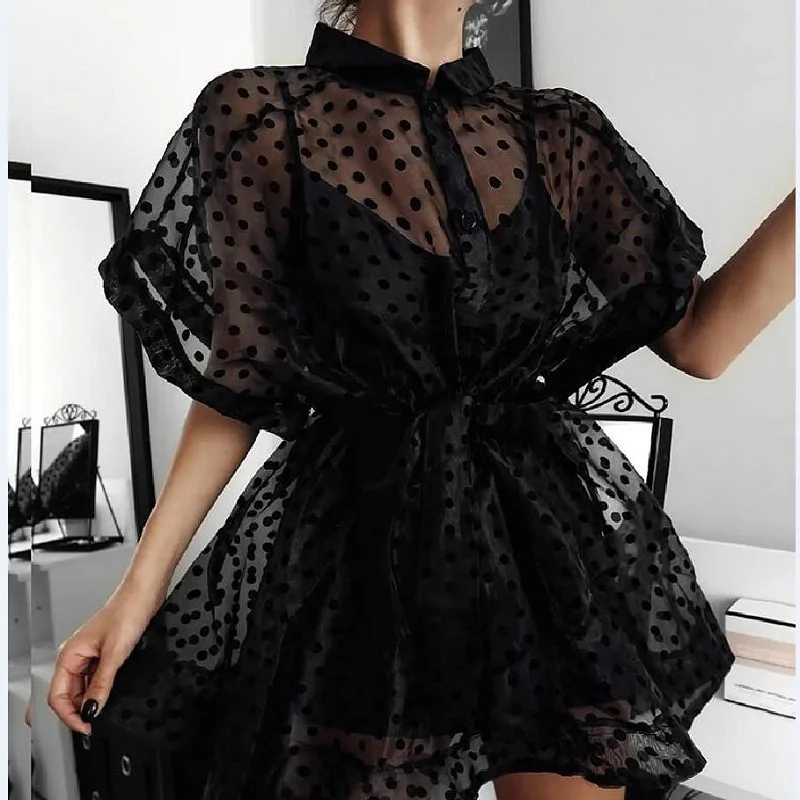 Женское прозрачное короткое платье в горошек вечернее Сетчатое мини лето