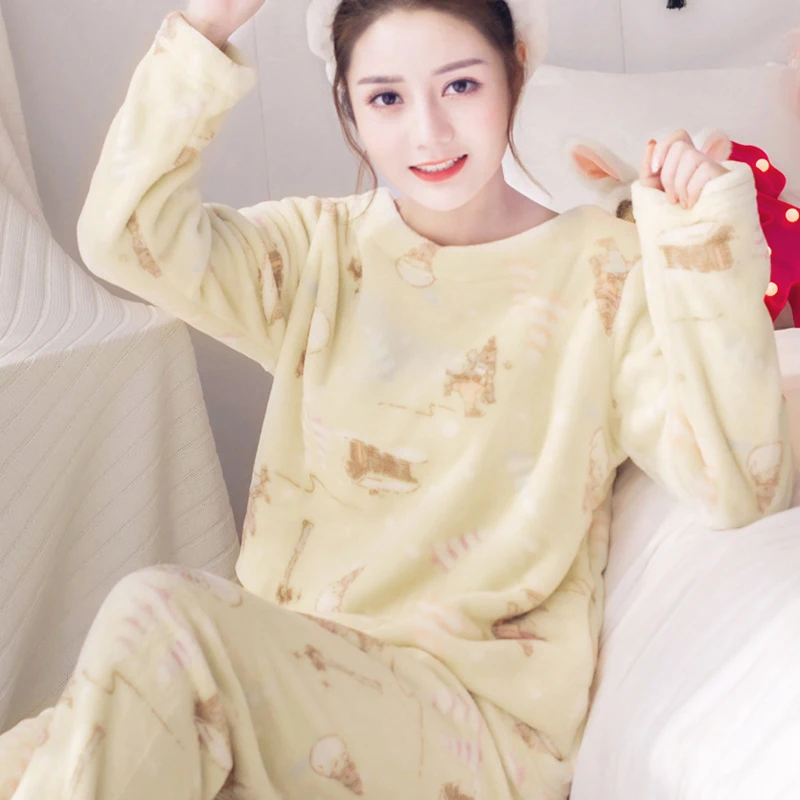 women pajama Yellow Пижамы для женщин; большие размеры; пижамы с длинными рукавами; женские плотные теплые зимние женские пижамы с длинными рукавами; домашний костюм для женщин; L, XL, XXL, XXXL - Цвет: women pajama Yellow
