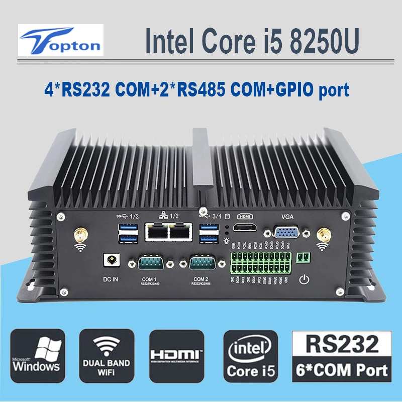 Промышленный мини-ПК без вентилятора i7 8550U i5 8250U четырехъядерный процессор 2* DDR4 2* COM Windows 10 Pro Linux прочный Настольный компьютер VGA HDMI WiFi