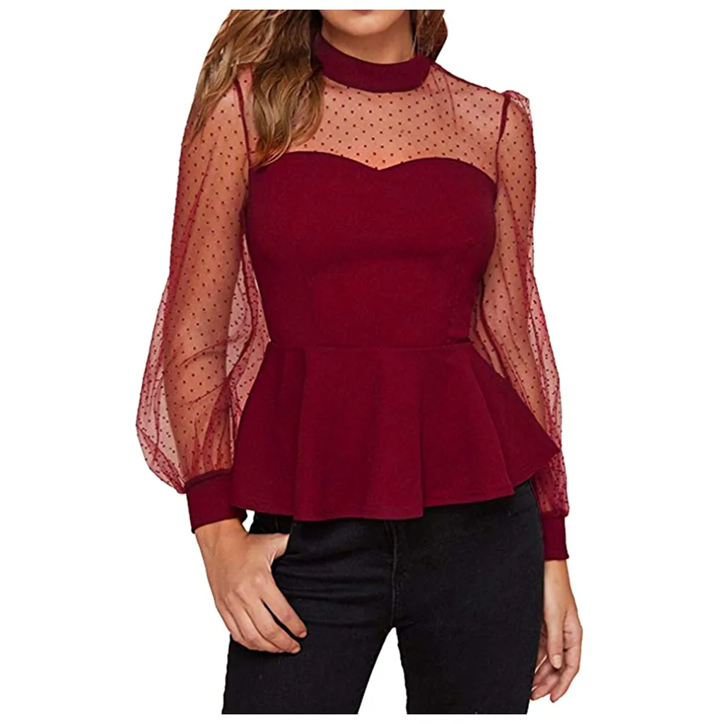 Женская сексуальная сетчатая рубашка длинный рукав узор в горошек ложный вырез