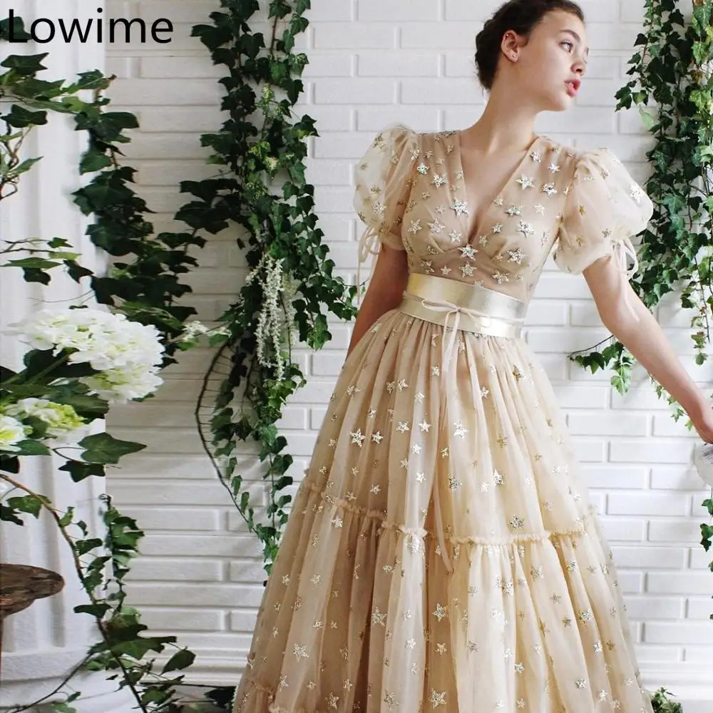 

New Fairy Long Prom Dress 2019 A-Line V-Neck Tulle Summer Beach Party Gowns vestidos de fiesta de noche Glitter Stars Custom