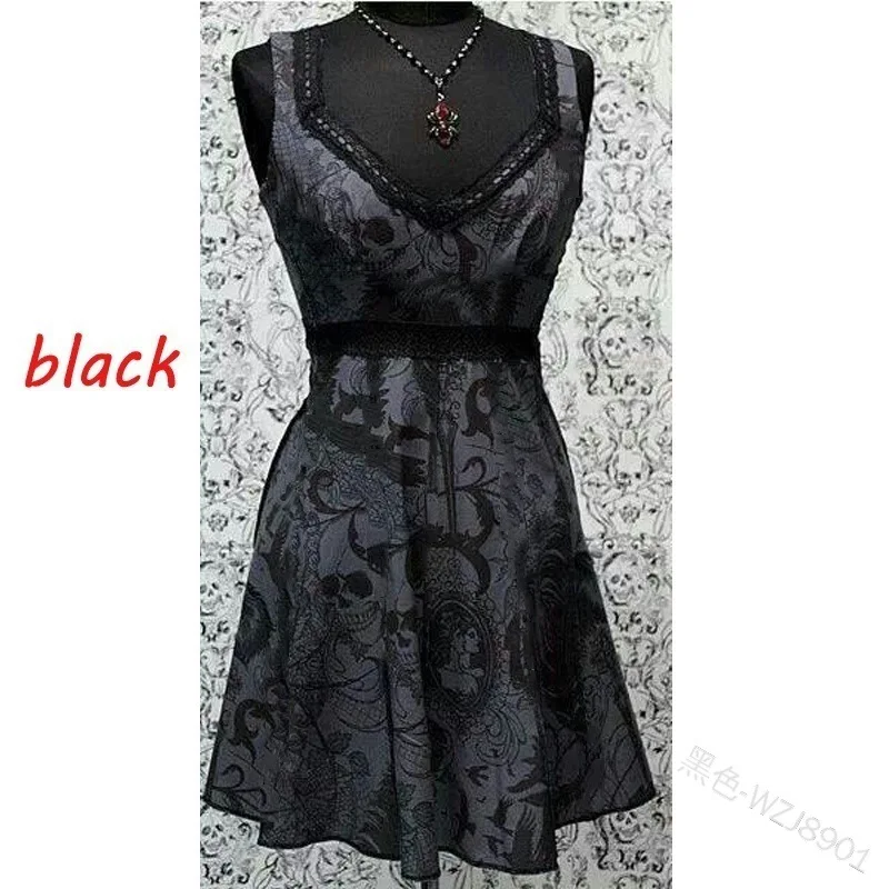

2021 Gothic Dresses Women Sleeveless V-neck High Waist A-line Skirt Print Fashion Vintage Princess Dress Goth Elegant Plus Size