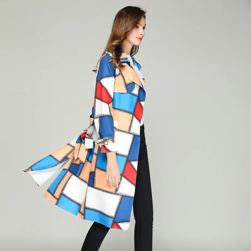 

New Elegant Fashion Women Spring Autumn Mid-length Windbreaker Korean Slim Casual Contrast Color Coat