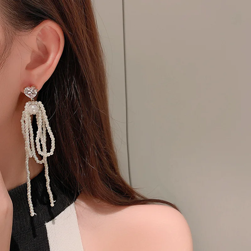 

2021 Korea Trend Vintage Aesthetic Pearl Crystal Heart Pendant Earrings For Women Dating Travel Wedding Jewelry Accessories Gift