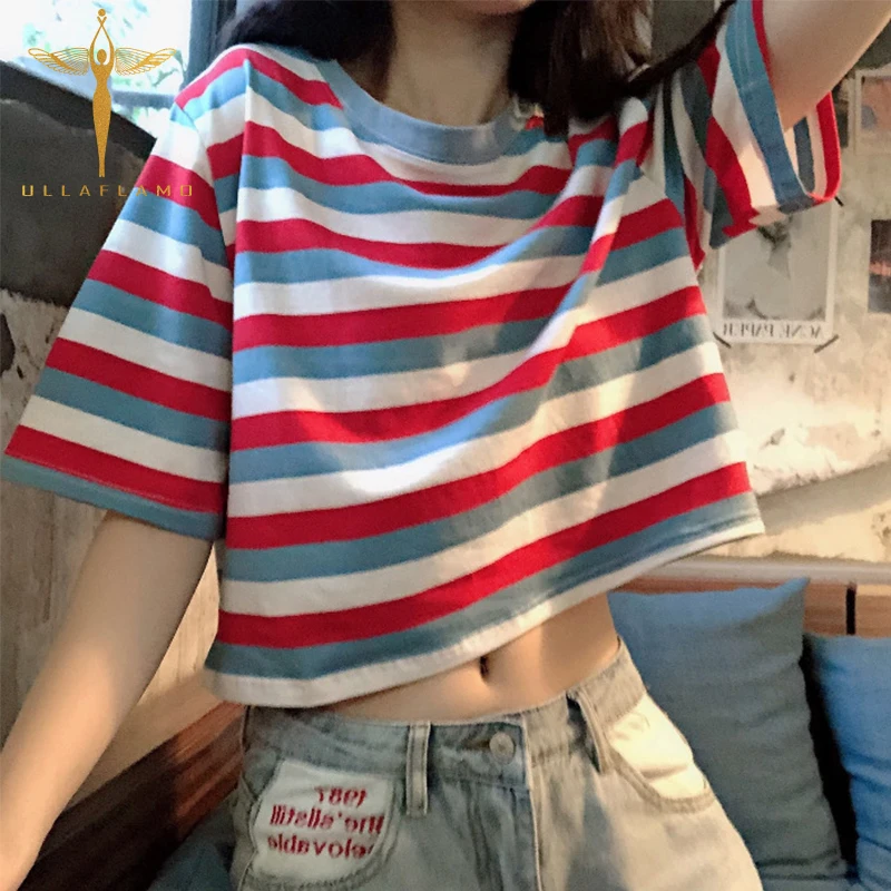 

Round Neck Striped Casual Women T Shirt Summer Basic Top All Match Crop Top High Waist Loose Tshirt Streetwear Female Tee