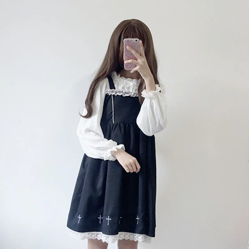 

2021 New Japanese Lolita basic models feminine blouse top loose wild lace lantern sleeves long sleeve chiffon shirt women