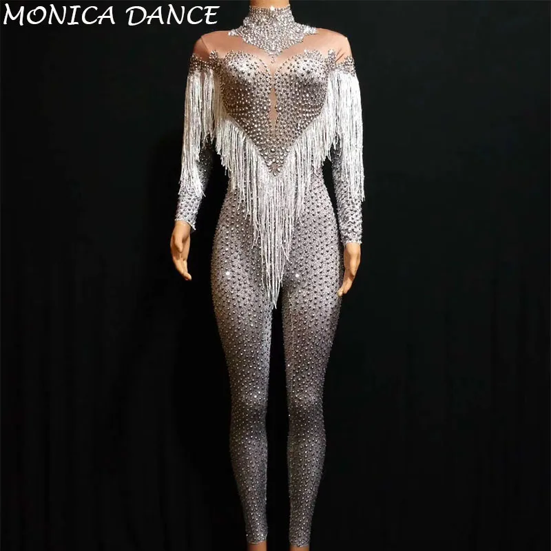 Sexy Silver Rhinestones Nude Stretch Jumpsuit Fringes Dance Bodysuit Performance Party Celebrate Stage Show Costume Jumpsuit