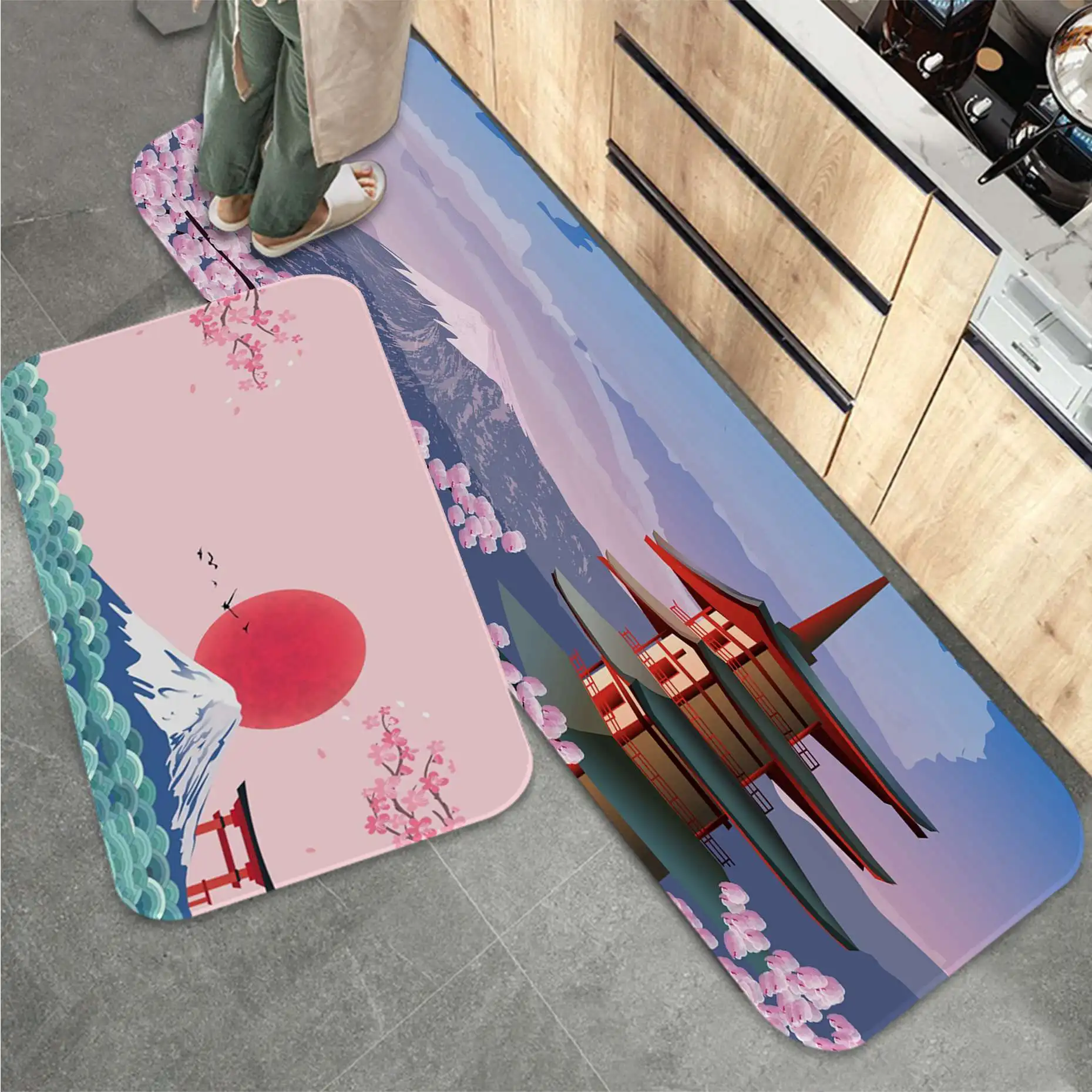 

Japanese pink cherry blossom Mount Fuji Mat Printed Flannel Floor Mat Bathroom Decor Carpet Non-Slip For Living Room Kitchen
