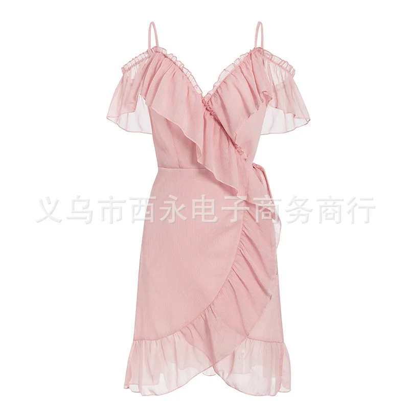 

2020 Summer Women's Lotus Leaf Wrapped Waist Sling Skirt Female Chiffon Dress elegant suit women costume femme
