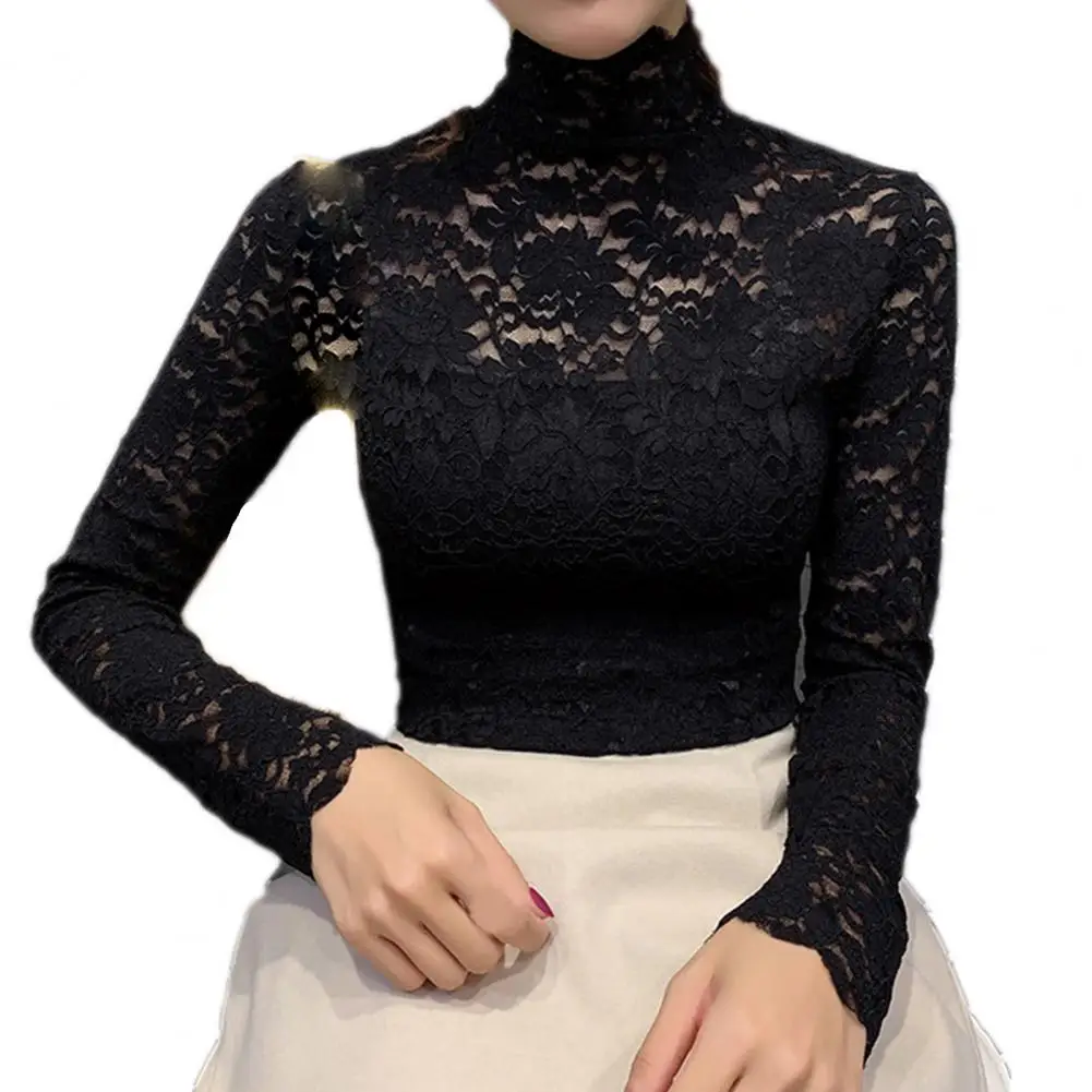 

Elegant Women Turtle Neck Long Sleeve Floral Lace Blouse Top Slim Base T-shirt
