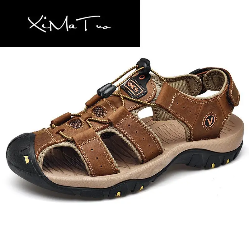 Мужские летние сандалии из натуральной кожи пляжные с эластичными лентами