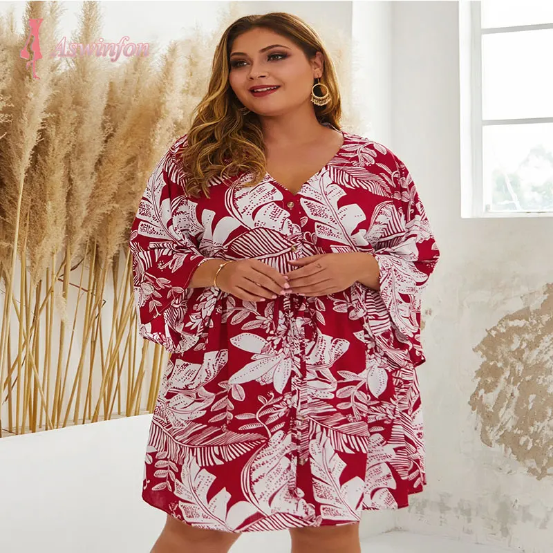 Aswinfon плюс Размер летнее платье для женщин три четверти рукав v образный Вырез