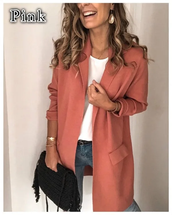 

KALENMOS Women Jacket Solid Color Long Sleeves Office Lady Clothing Mid-length Solid Long Sleeve Coats 2020 Autumn Winter New