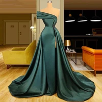 elegant long dark green satin prom dresses ruched beads evening gown vestidos de noche sexy side slit party robe de soir%c3%a9e femme