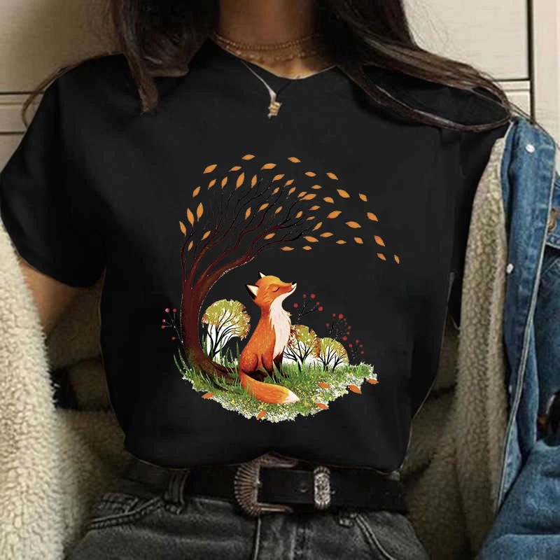 

Женские футболки, женская летняя модная одежда с рисунком лисы, женские тканевые Топы с коротким рукавом и графическим рисунком, футболка, ф...