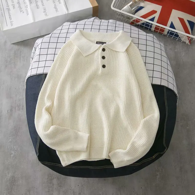 

SUSOLA Sweaters Men Turn-down Collar Solid Simple All-match Korean Style Daily Soft Warm Knitting Sweater Mens Loose Trendy