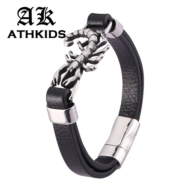 

Personality Stainless Steel Scorpion Bracelet Men Jewelry Black Leather Bangles Magnet Buckle Male Wrist Band PD0477