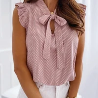 women bow collar ruffles sleeveless blouse dot shirts casual mujer clothing summer top blusas
