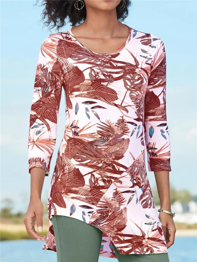 Платье с цветочным принтом круглым вырезом средний рукав женская футболка Топы