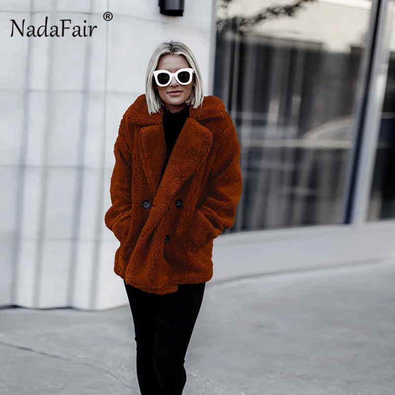 Nadafair повседневное плюшевое пальто зимнее флисовое размера плюс теплая Толстая куртка из искусственного меха Женское пальто с карманами плюшевое пальто Верхняя одежда