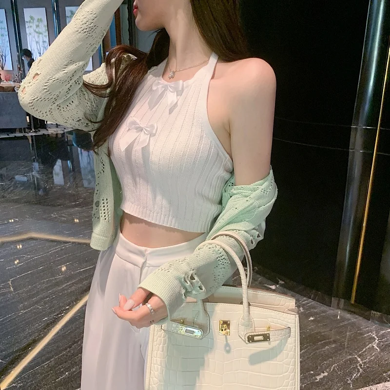 

Y2k Crop Top Women Summer 2021 Bow Decoration Backless Short Knit Halter Tank Tops Sweet Girls Cute Aesthetic Tee