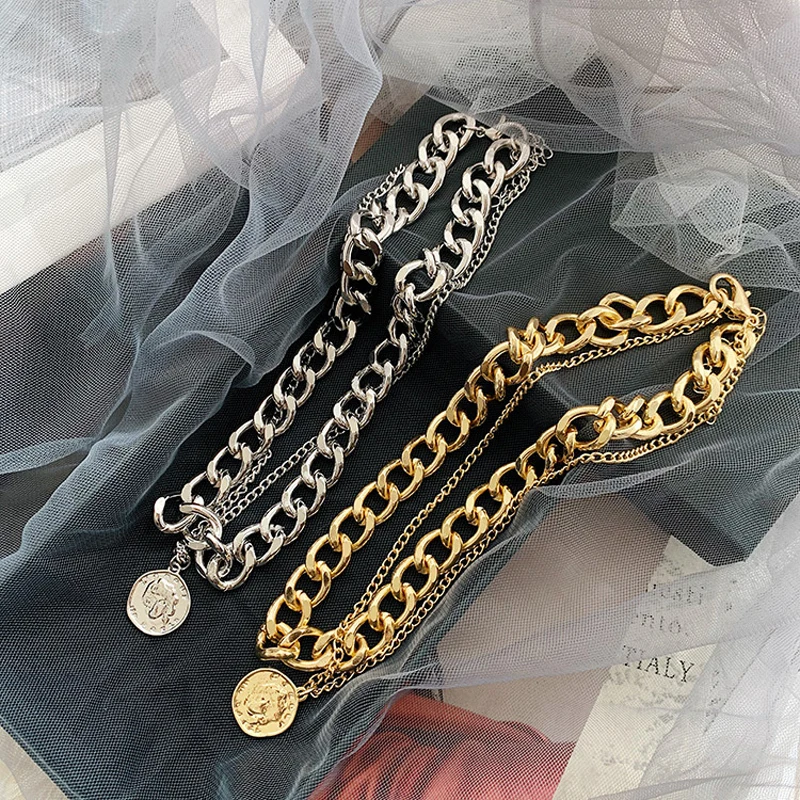 

2021 Vintage Multi-layer Coin Chain Choker Necklace for Women Gold Silver Color Fashion Portrait Chunky Chain Necklaces Jewelry