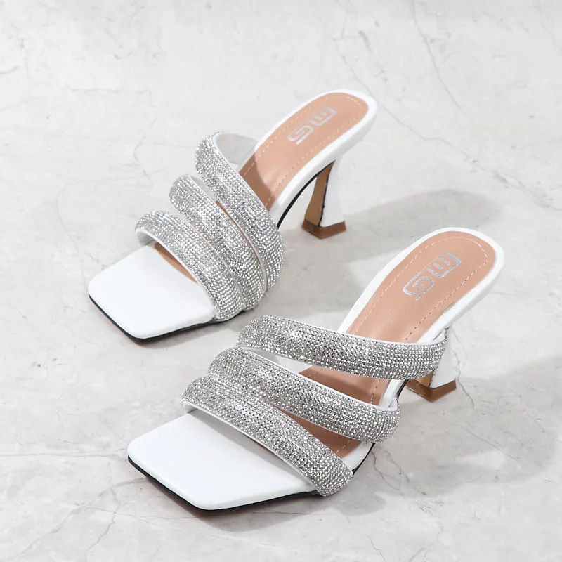 2021 Summer Outside The New Modern Slippers Women Party Thin Heels Sequins Bling Sexy Fashion Sandals 8.5 cm High Heels Solid