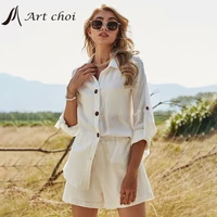 summer autumn two piece set tracksuit casual outfit suits women white shirt blouse tops cotton linen shorts pants 2 piece sets