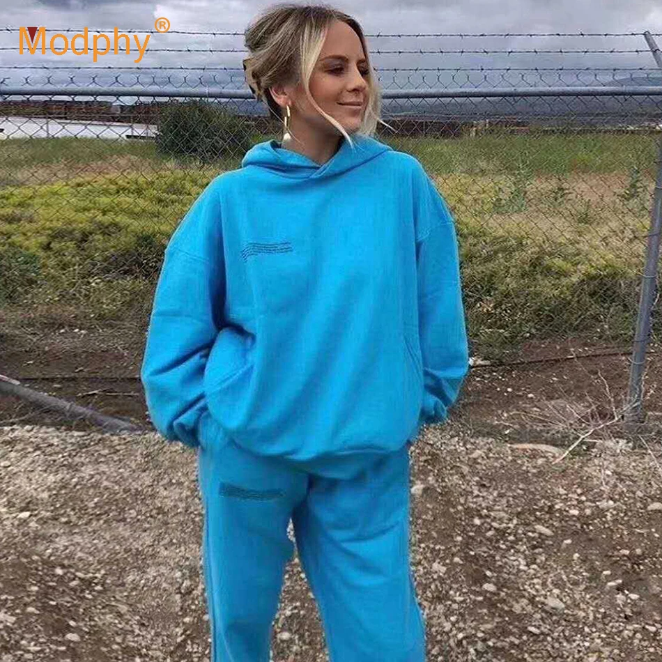 

Solid Color Letter Print Women Sports Suit Pullover & Sweatpants Two-Piece Winter Thick And Warm Hooded Fleece Sports Suit 2020