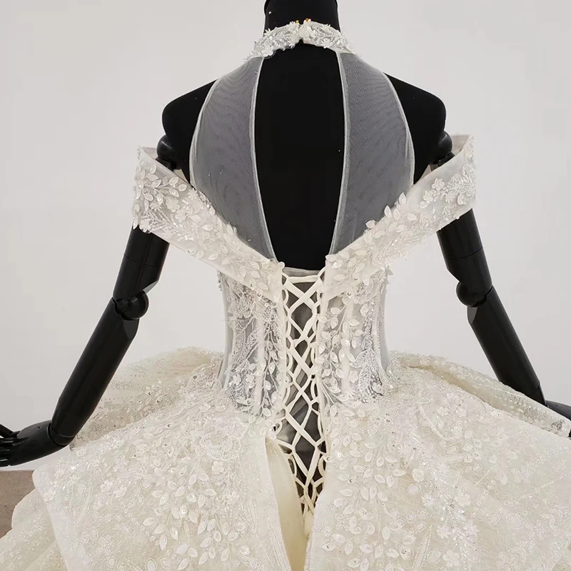 

HTL1227 wedding dress plus size high neck applique crystal pattern flower lace up back luxury bridal gowns new