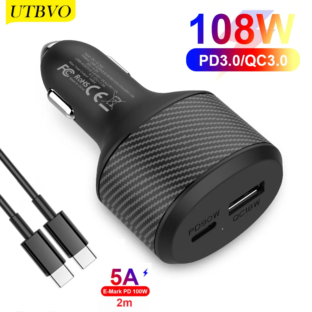 

UTBVO 108W Quick Car Charger, PD 90W/65W/45W/30W, QC3.0 18W USB C Fast Charge for Macbook iPhone12 A7/A8/A9 Huawei Xiaomi HP XPS