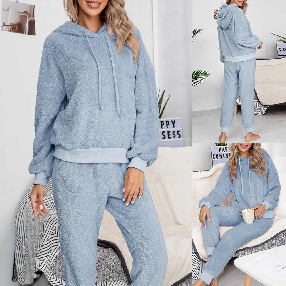 

Women Autumn Plush Fluffy Sweatshirt Hoodie Long Pant Trouser Homewear Outfit 2020
