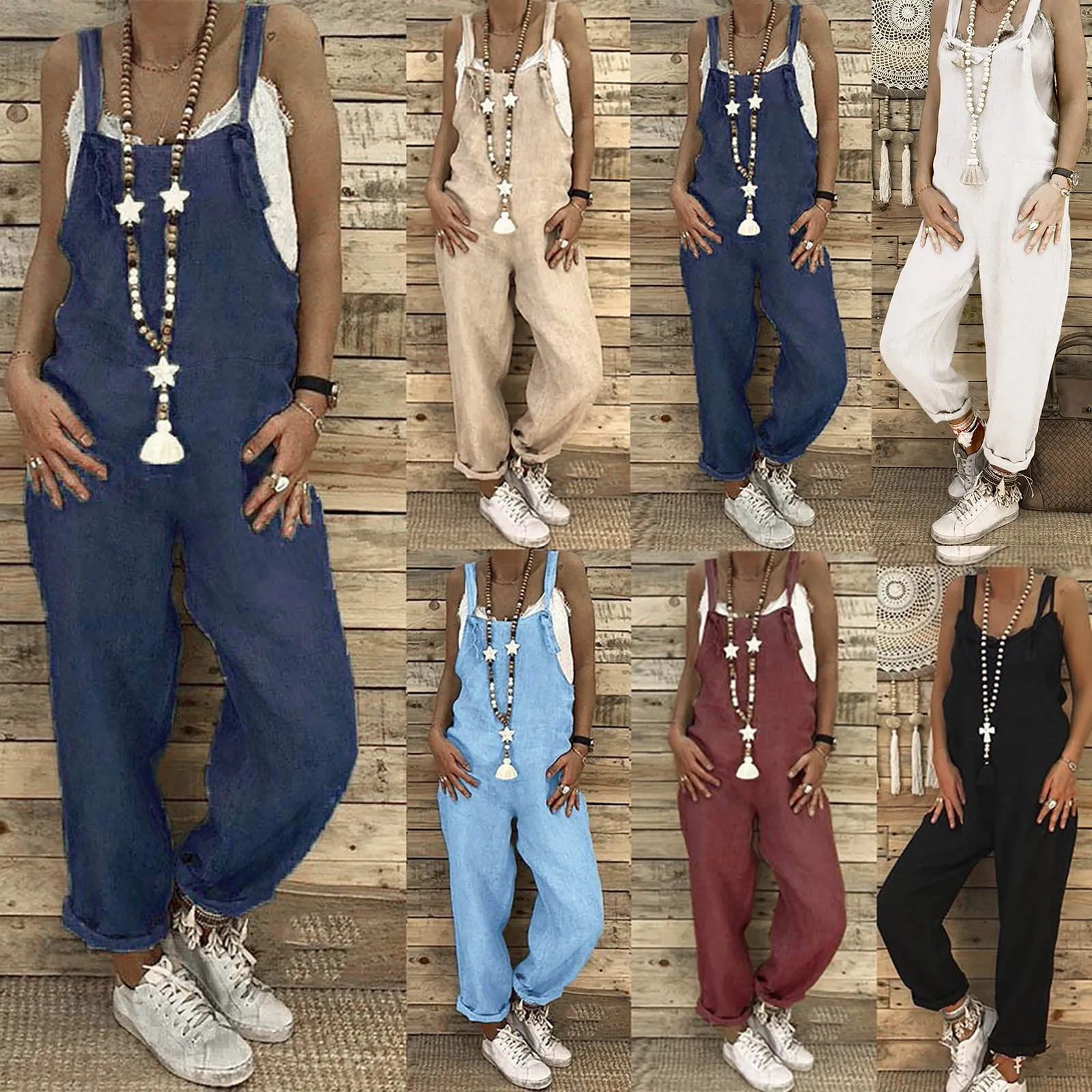 

Женский свободный комбинезон на бретельках, летний Повседневный однотонный длинный комбинезон без рукавов, винтажные комбинезоны, мешкова...