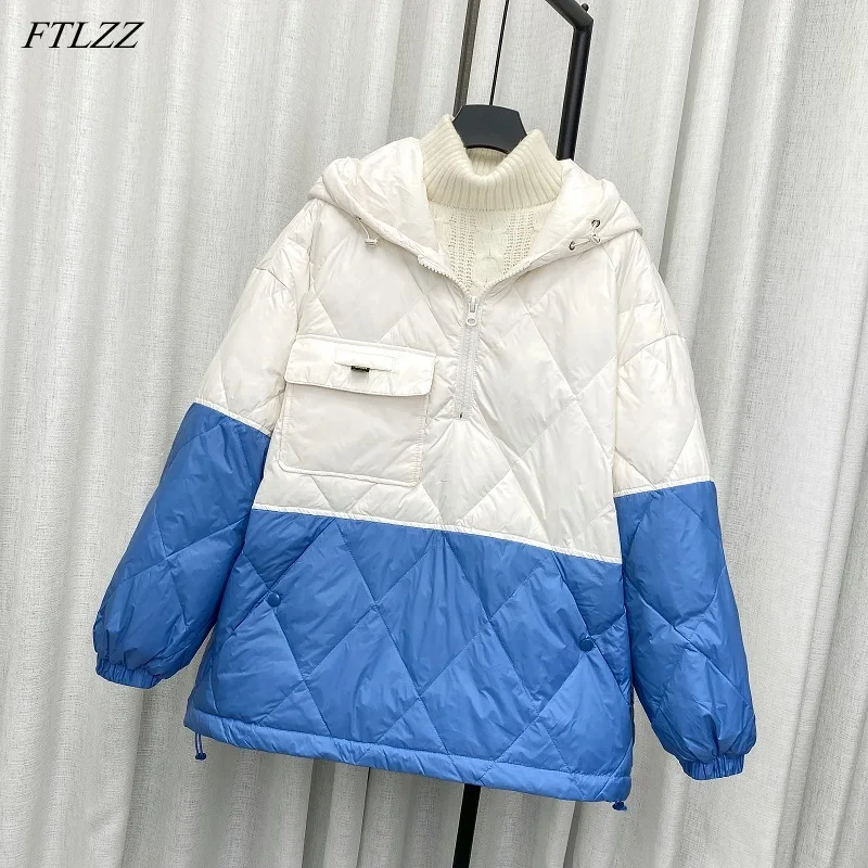 

FTLZZ Winter Hooded Splicing Colour Down Jacket Women 90% White Duck Down Coat Casual Loose Parkes Female warm Feather Outwear