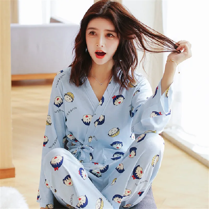 Женские пижамы с длинными рукавами в стиле кимоно женские мультяшным принтом