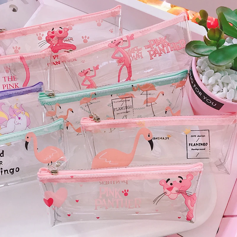 Милый прозрачный Розовая пантера Карандаш Чехол Clear ручка сумки Kawaii Фламинго s