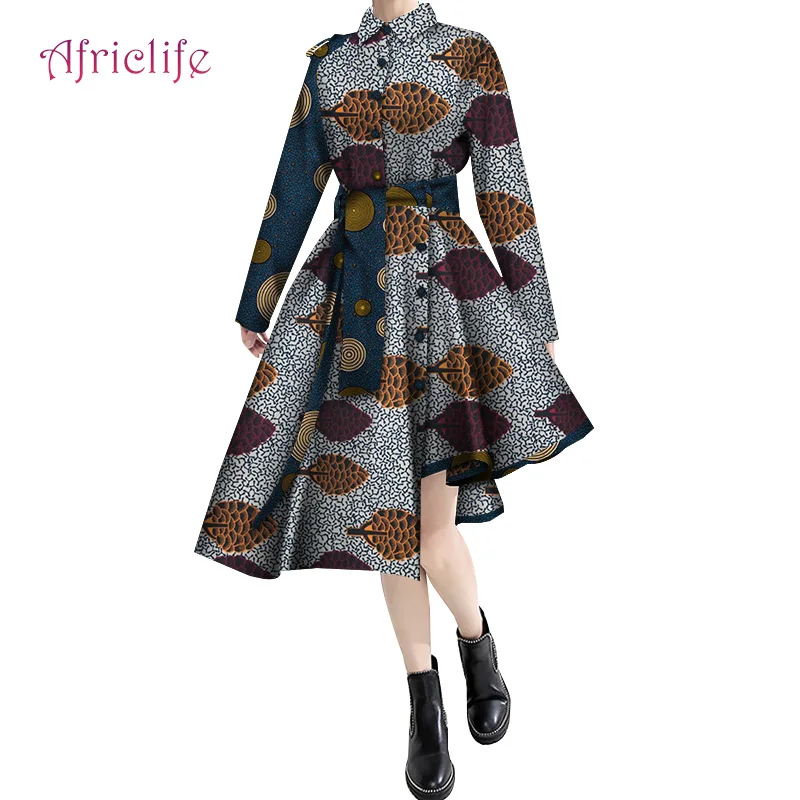

African Shirt Dress Women 2021 Long Sleeve Plus Size with Belt African Women Clothing African Wax Cotton Irregular Skirt WY6357