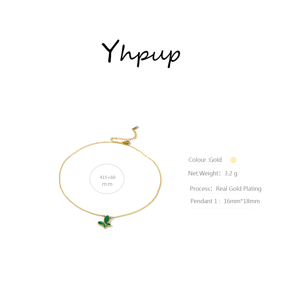 YHpup Green Butterfly Stainless Steel Pendant Necklace Gold Fashion 316 for Women Malachite Stone Charm Collar Jewelry | Украшения и