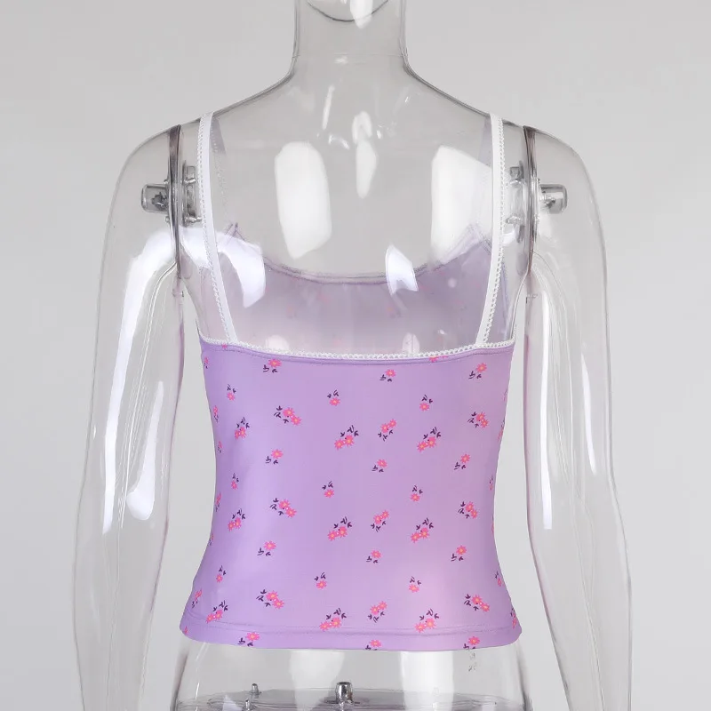 

ALLNeon Streetwear 2000s Floral Printing Milk Maid Tops Y2K Aesthetics Cute U-neck Straped Backless Cami Top Summer 2021 Vintage