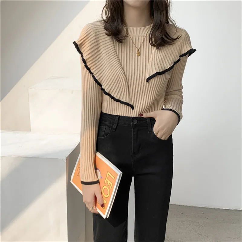 

OL Basic Bottoming Knit Sweater New Korean Style Flounced Stitching Pullover Sweaters Slim Warm Thick Knitted Tops