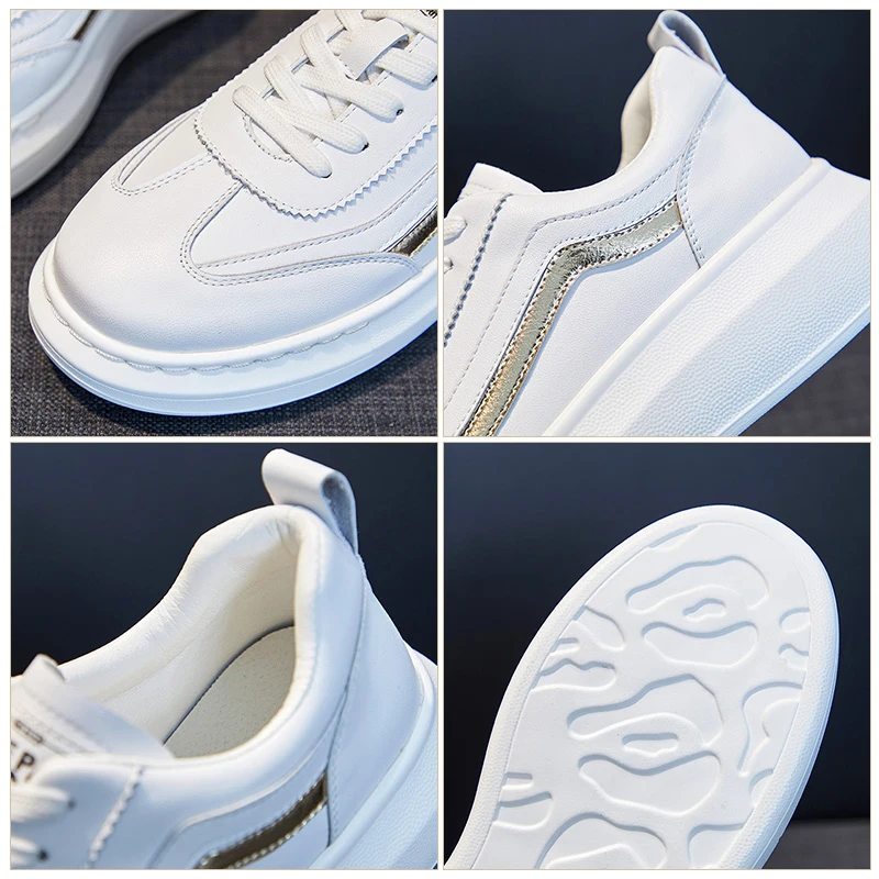 

Sneakers Women Genuine Leather White Shoes 2021 Spring New Fashion Round Toe Lace Up 4.5cm Heel High Quality Leisure Sports RQFF