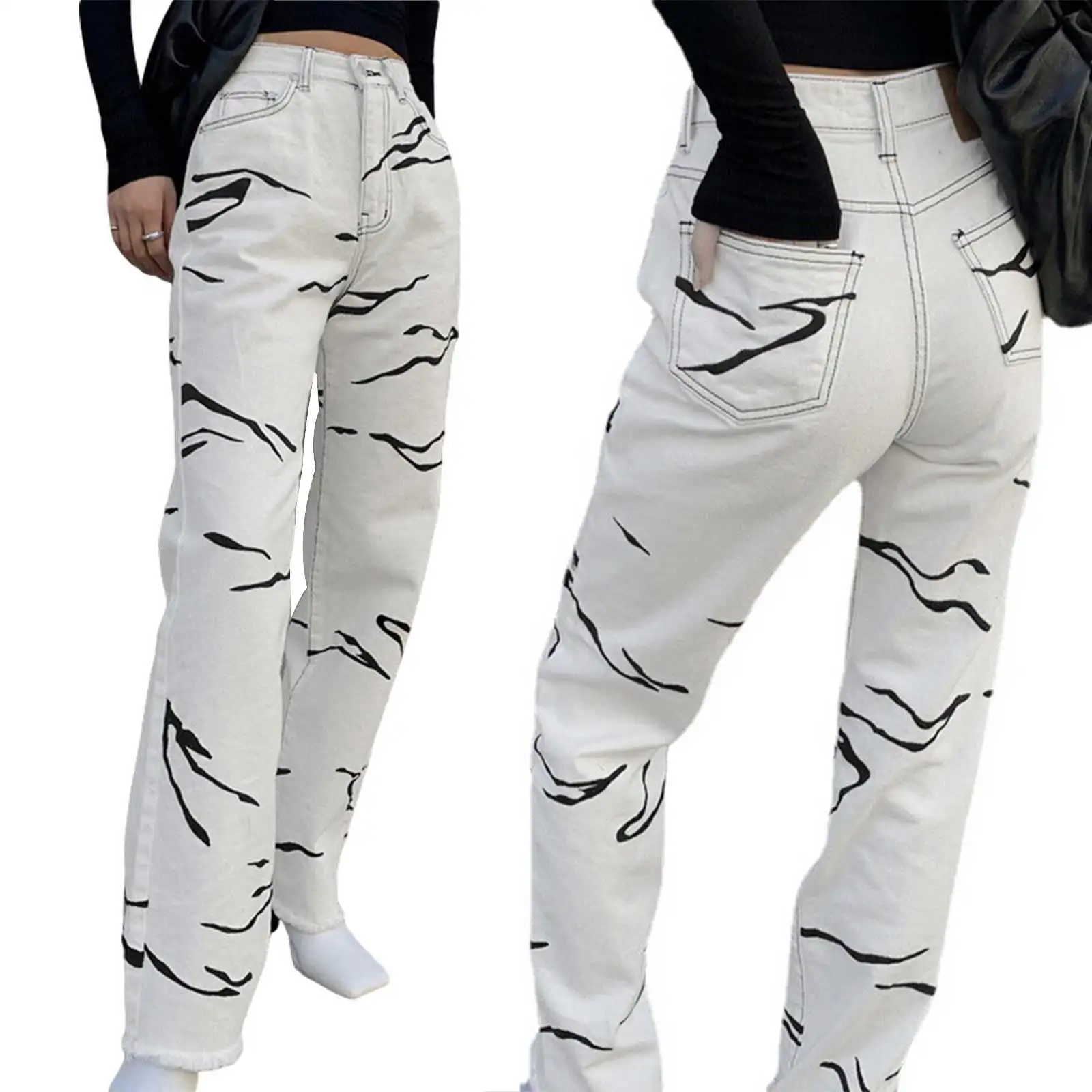 

2021 New Women Summer Jeans, Adults Zebra-Stripe Print High Waisted Straight-leg Pants with Pocket, Belt Loop
