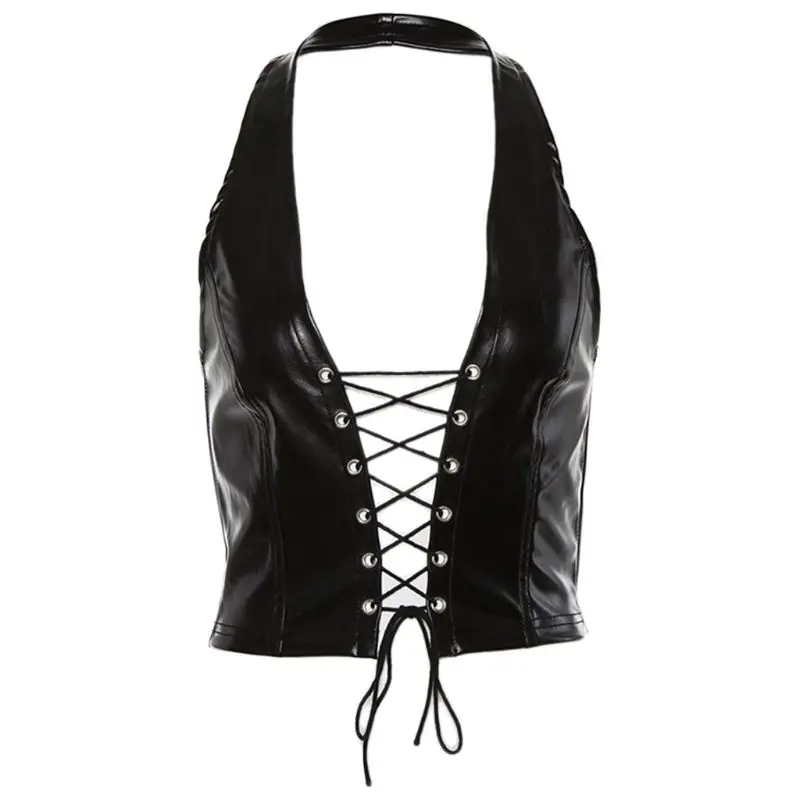 

Women Punk Sleeveless Crop Top Sexy Halter V-Neck Backless Hollow Vest Faux Patent Leather Cross Lace-Up Party Clubwear