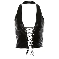 women punk sleeveless crop top sexy halter v neck backless hollow vest faux patent leather cross lace up party clubwear